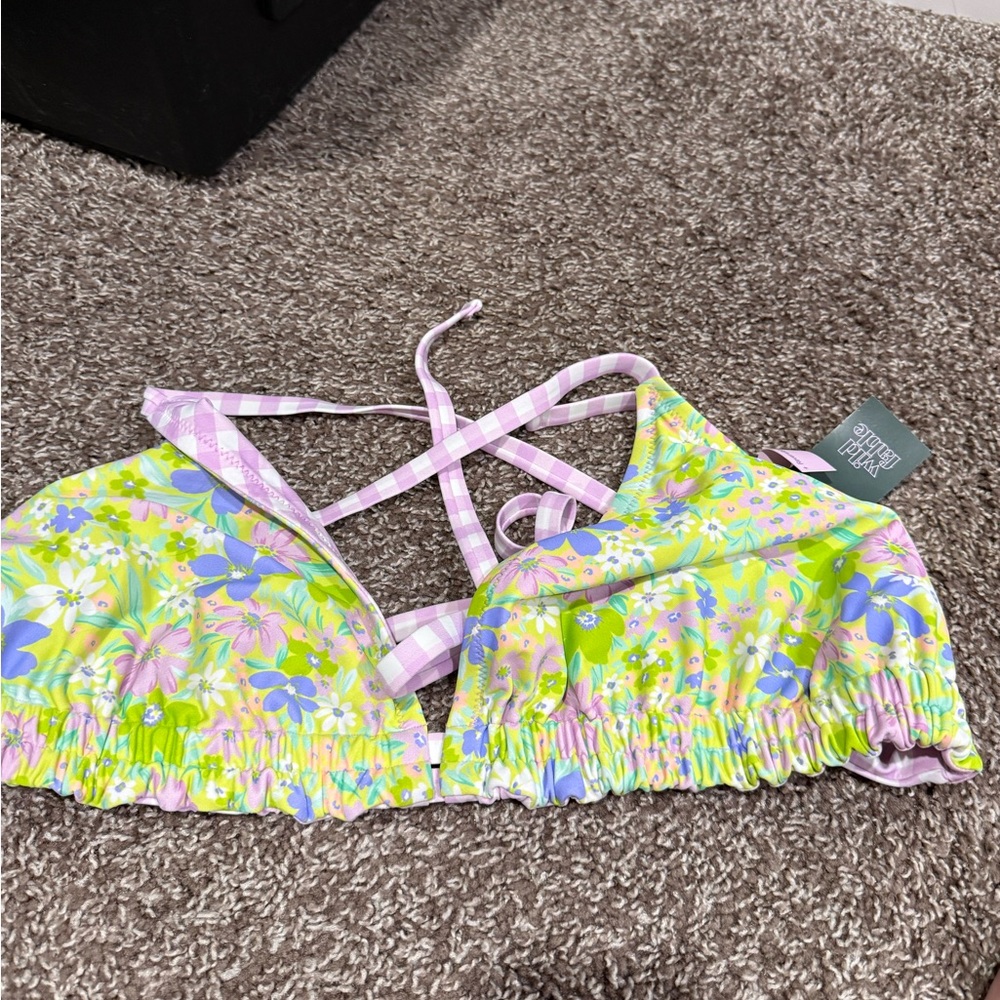 🍦Purple gingham and Floral reversible Bikini Top